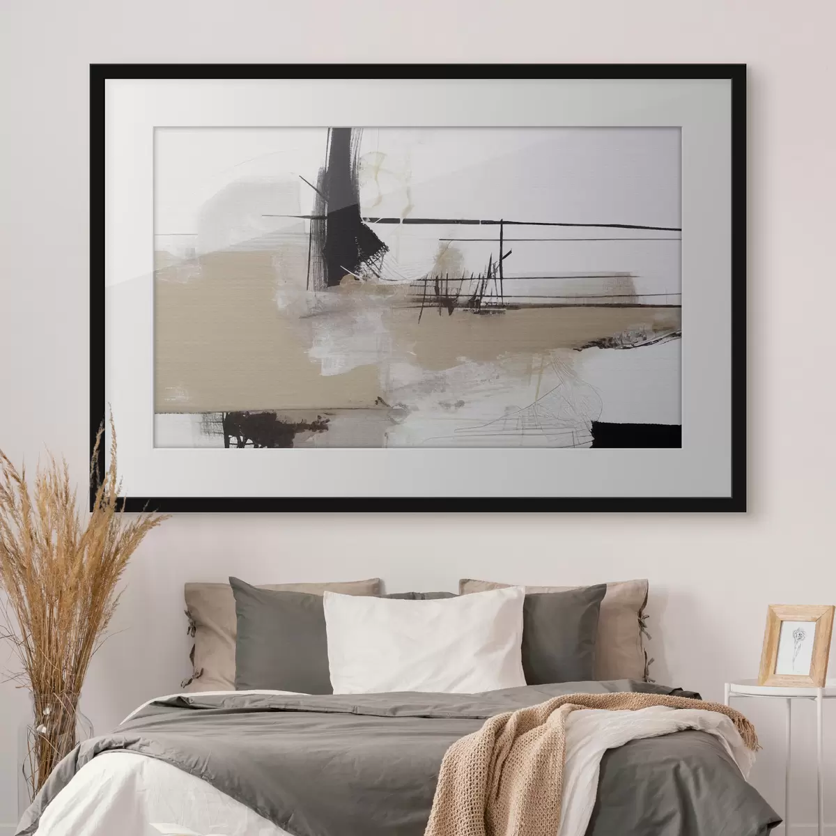 Poster Abstract schilderij in zwarte en beige kleuren op witte achtergrond f37067