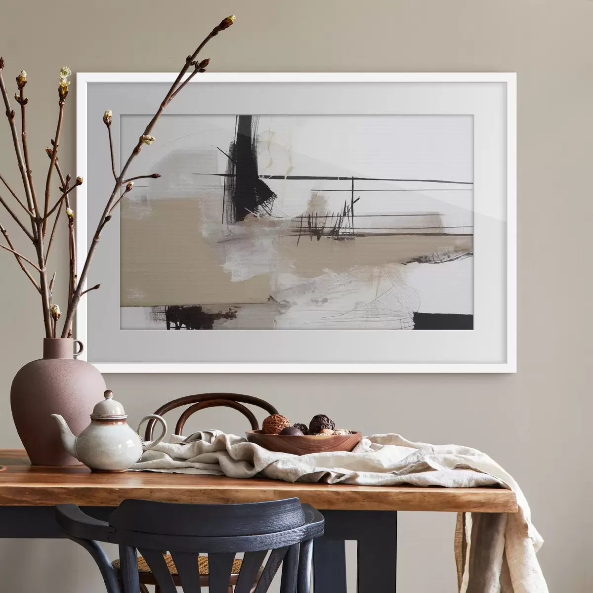 Poster Abstract schilderij in zwarte en beige kleuren op witte achtergrond f37067