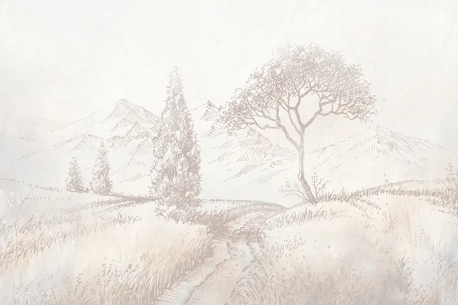 Fotobehang Toscana landschap, boom, veld, minimalisme, natuurlijke beige kleuren u99570