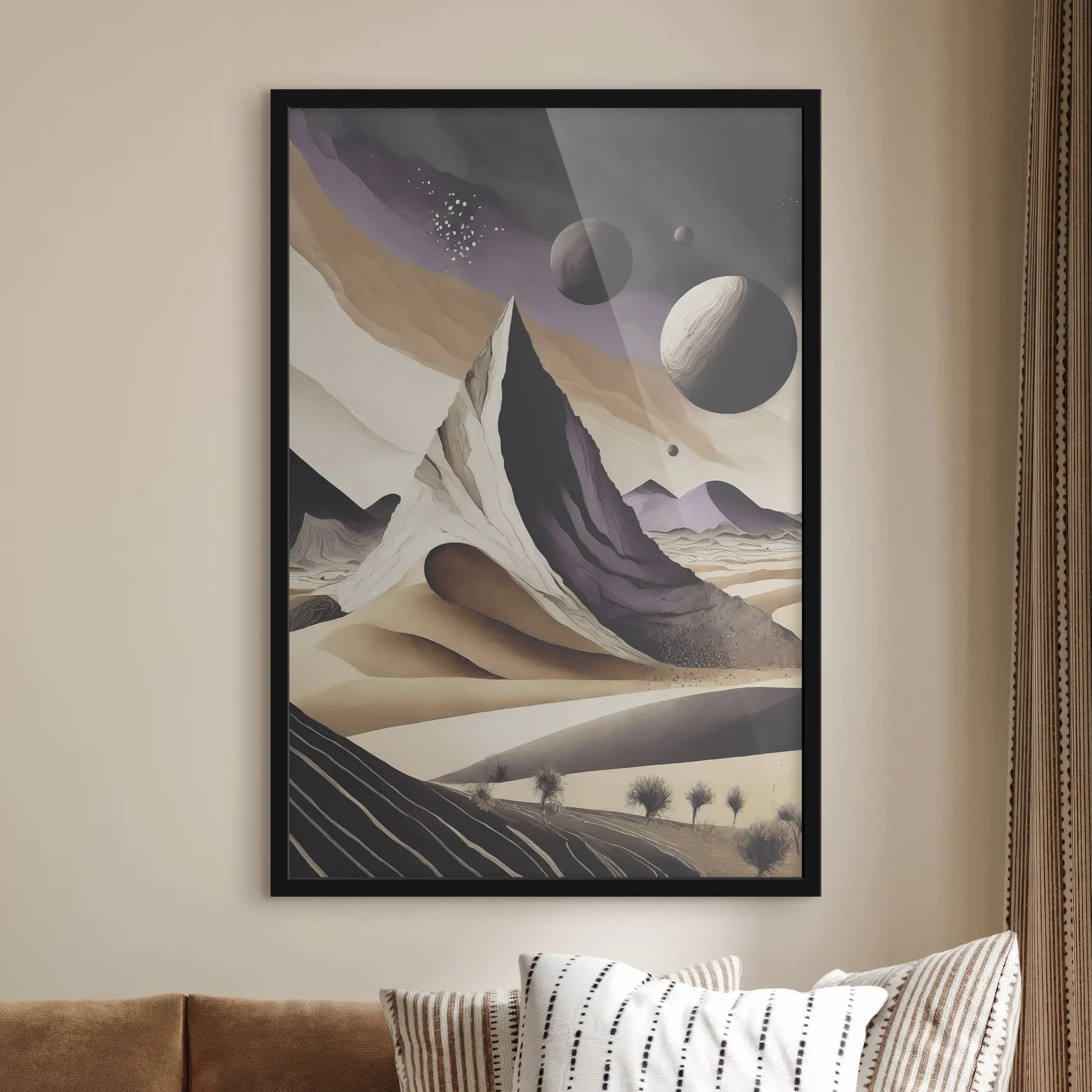 Fotobehang Abstracte kunst, woestijn, bergen en rotsen, paars en beige, kosmisch f37362