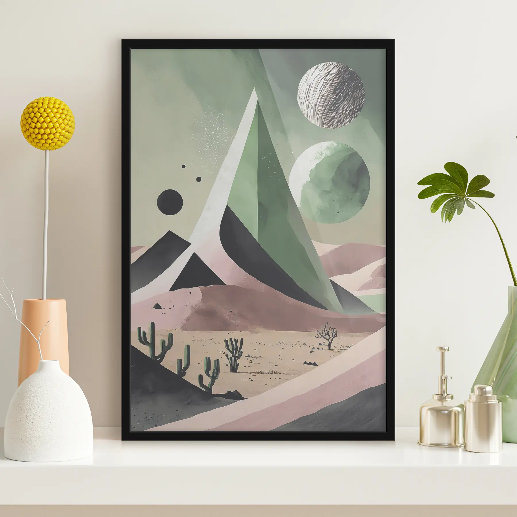 Fotobehang Futuristische kunst, woestijn, geometrisch, cactussen, zacht roze, kosmisch, planeten f37364