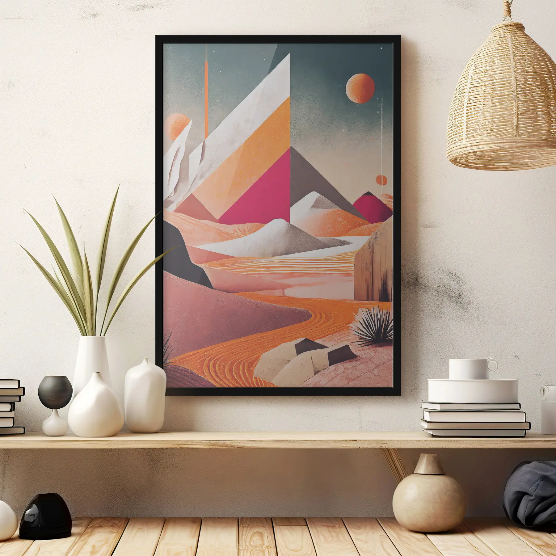 Fotobehang Futuristische kunst, woestijn, geometrische figuren, palmen, roze en oranje f37366