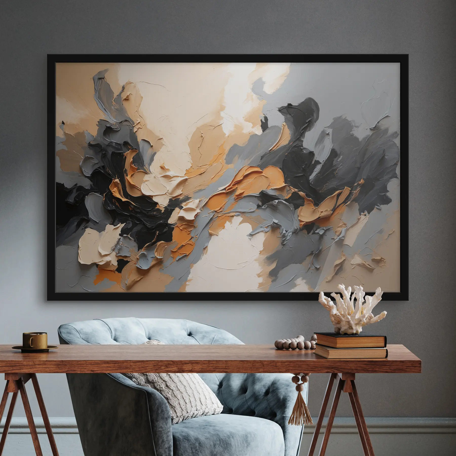 Fotobehang Abstract olieverfschilderij in zwarte, blauwe en beige kleuren f37328