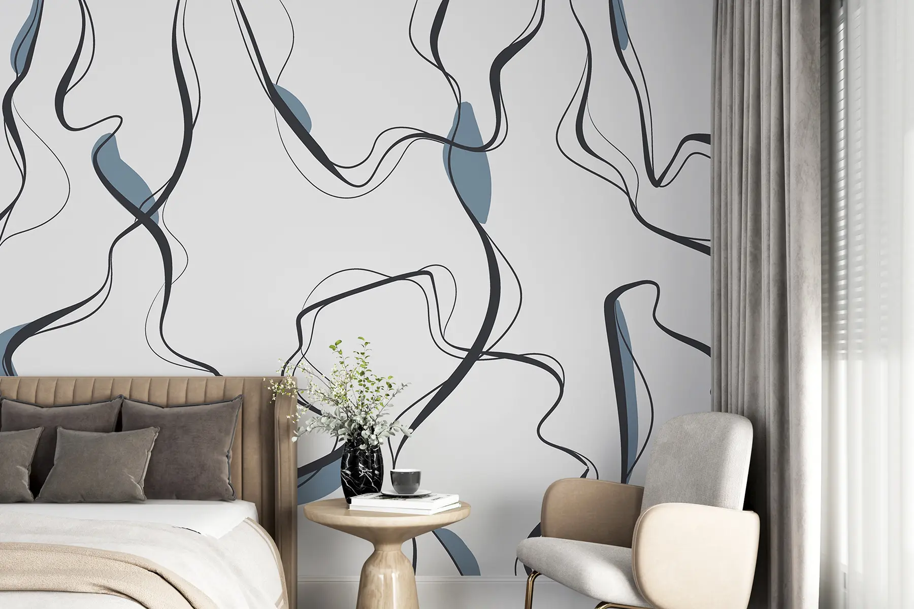 Fotobehang Inkttekening kunst, abstract patroon, geometrische lijnen, grijs en blauw u99659