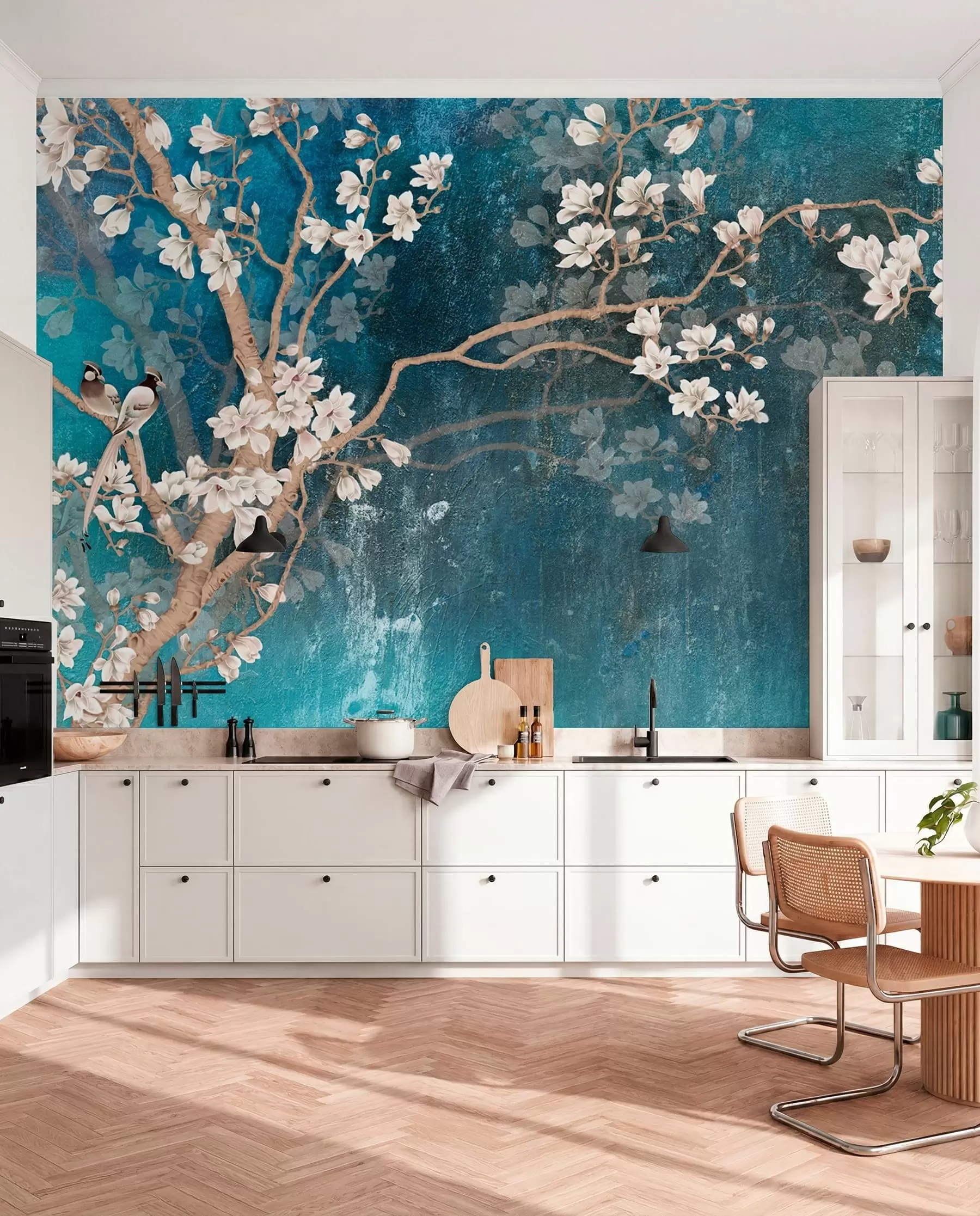 Fotobehang Vogels en bloesem op blauw I u12150d1