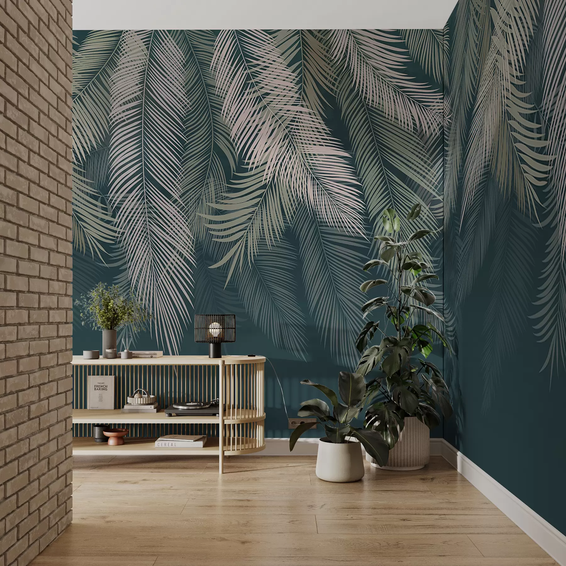 Fotobehang Palmbladeren op een donkergroene achtergrond u48556v2d2
